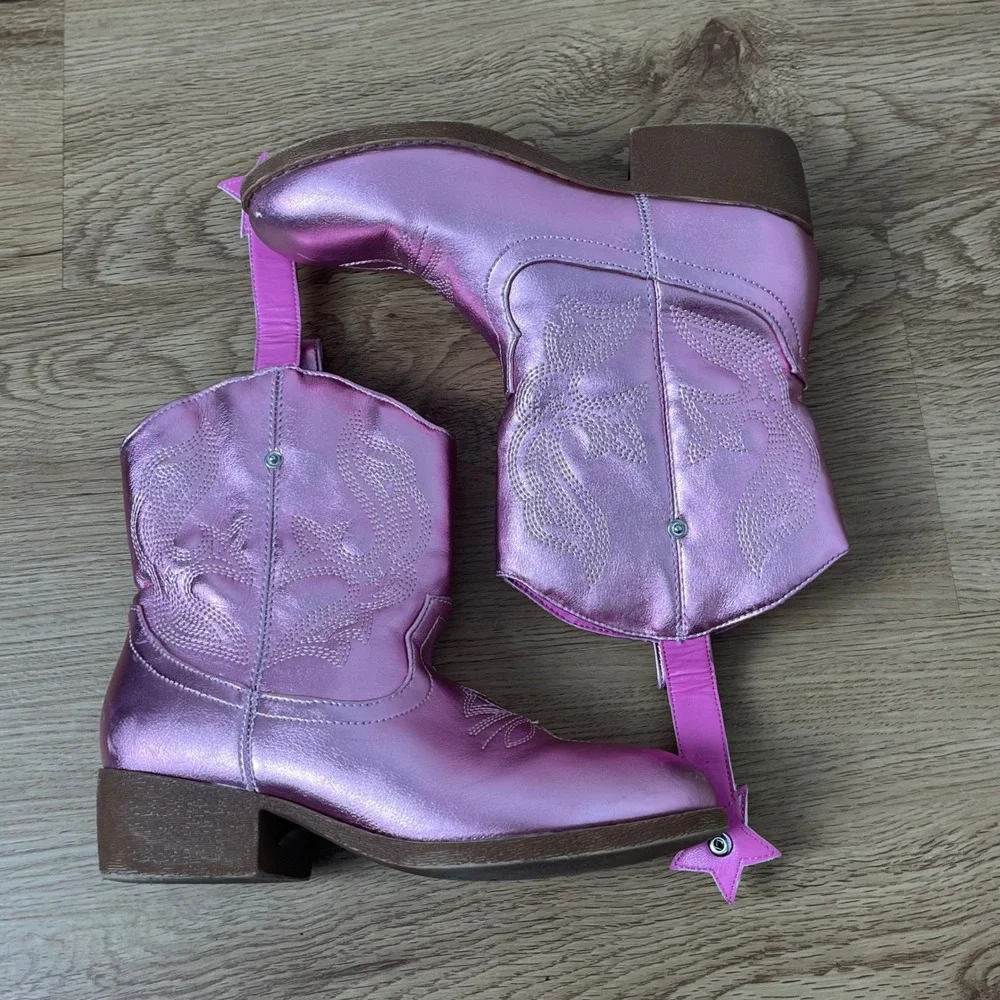 Metallic Pink Western Cowboy Boots Kids Size 2 Star Pull Tab Faux Leather
